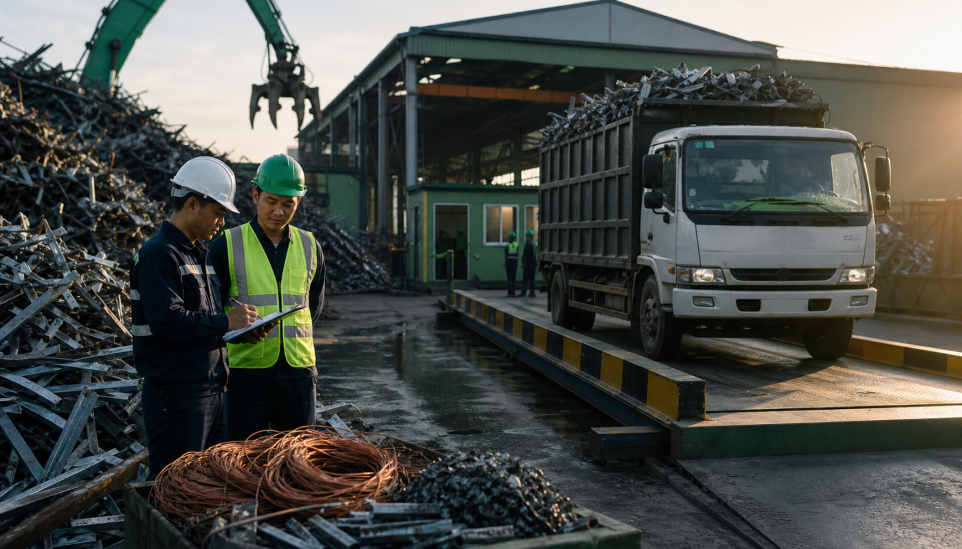 Đội thu mua phế liệu kiểm tra cân và phân loại tại kho công nghiệp